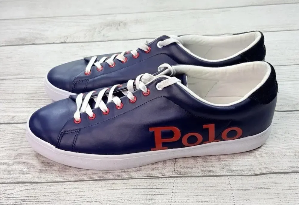 Polo Ralph Lauren Men’s Longwood Logo Spellout Blue Leather Shoes Size 15
